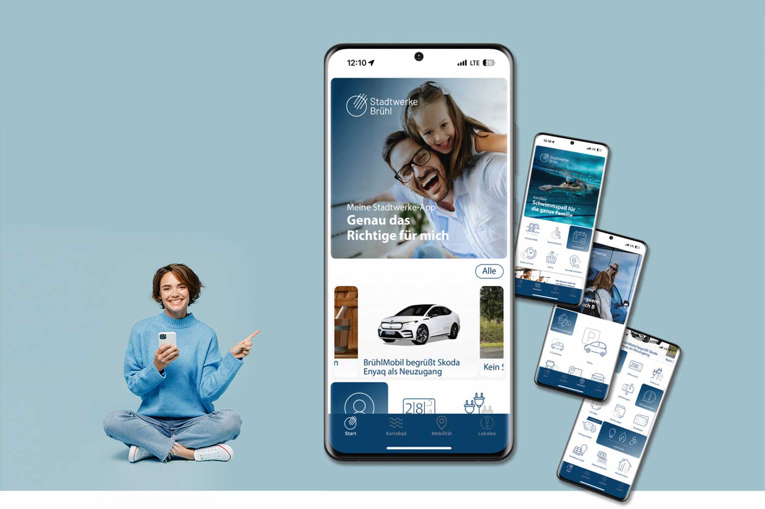 Frau zeigt auf übergroßes Smartphone