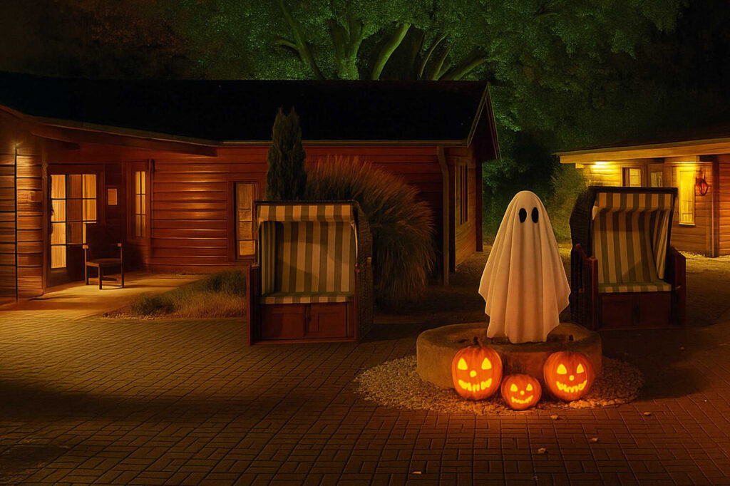 Saunagarten mit Gespenst und Halloween Kürbissen