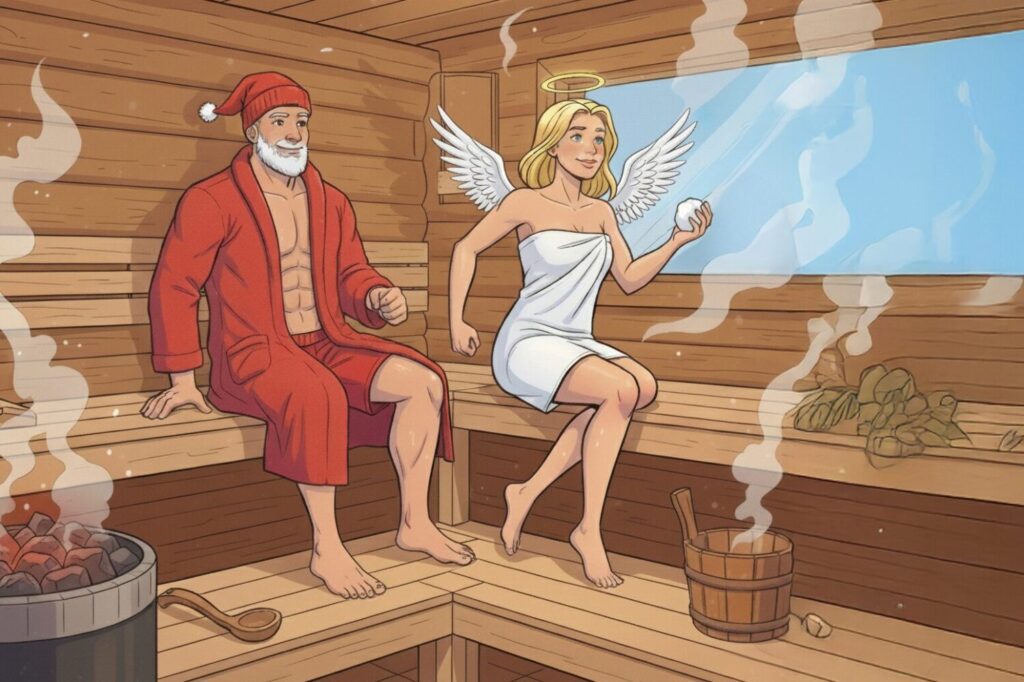 gezeichneter Nikolaus im Bademantel und Engel