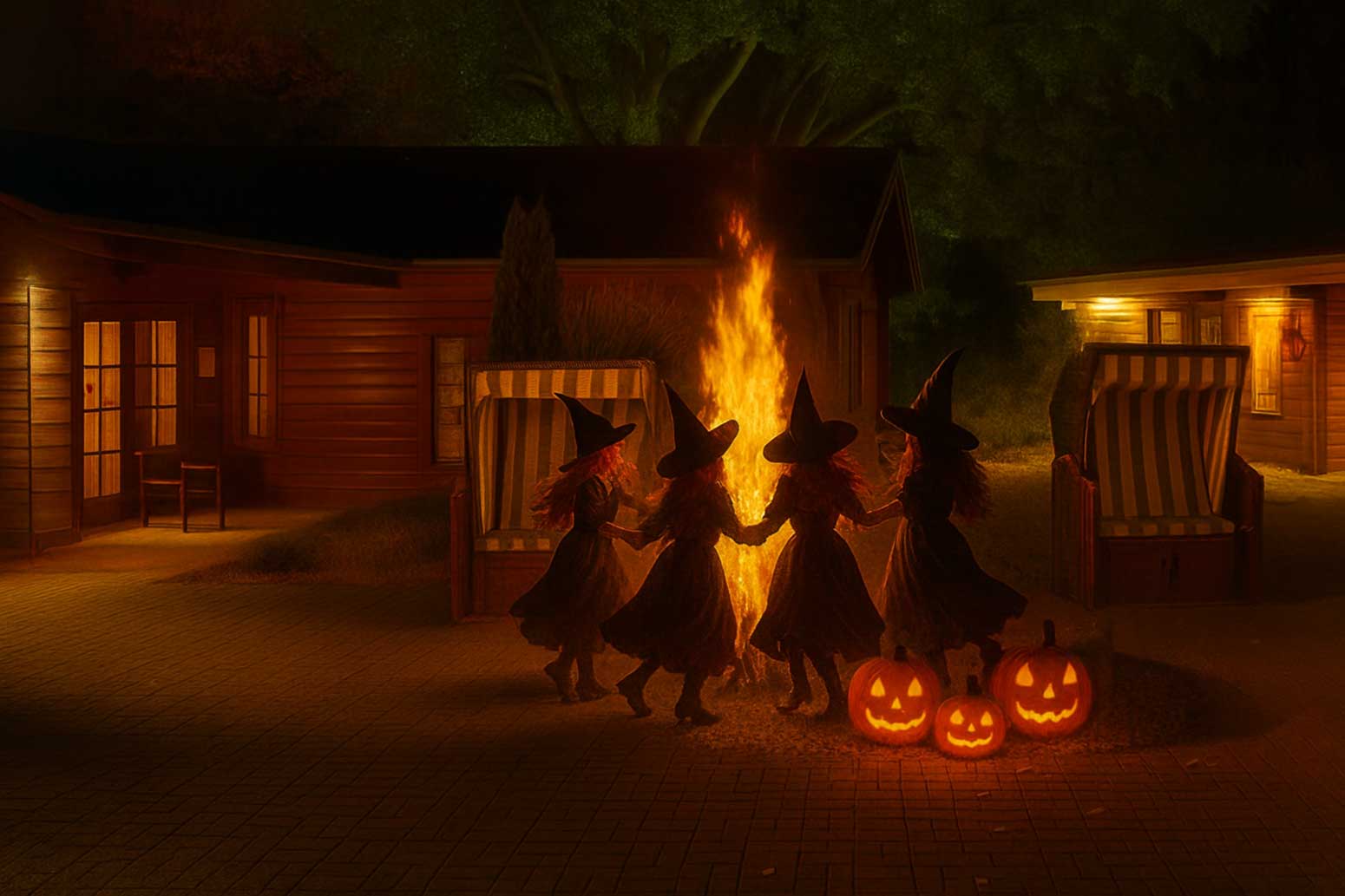 Hexen tanzen um ein Feuer im Saunagarten