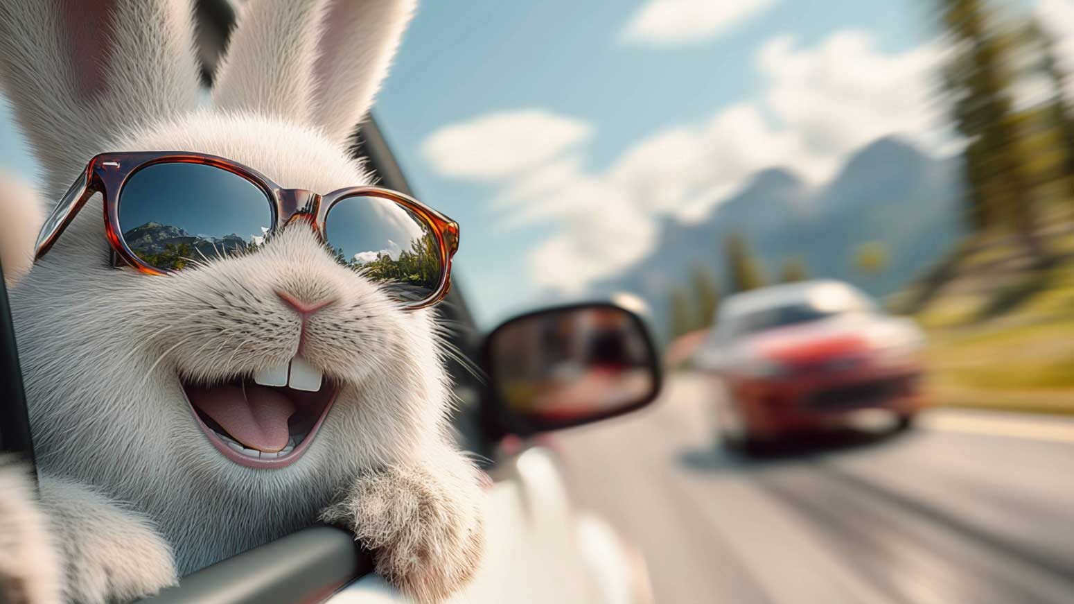 Hase mit Sonnenbrille blickt von der Beifahrerseite aus Auto