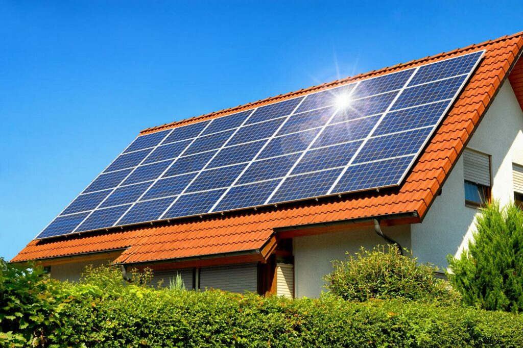 Photovoltaikanlage auf dem Hausdach eines Einfamilienhauses