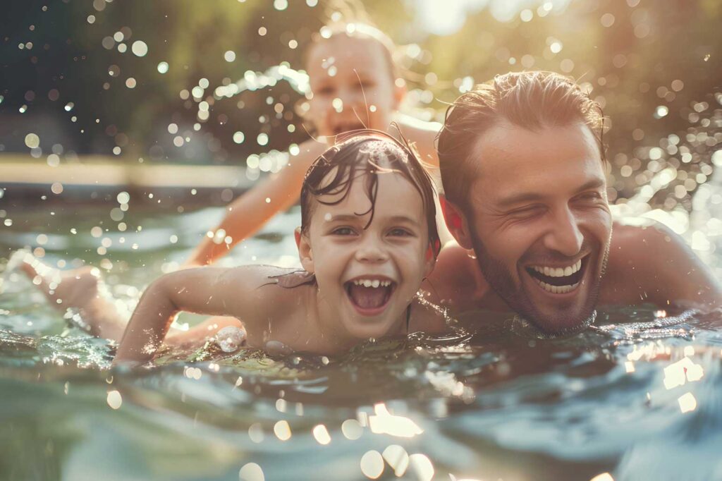 Vater spielt mit seinen zwei Kindern fröhlich im Wasser