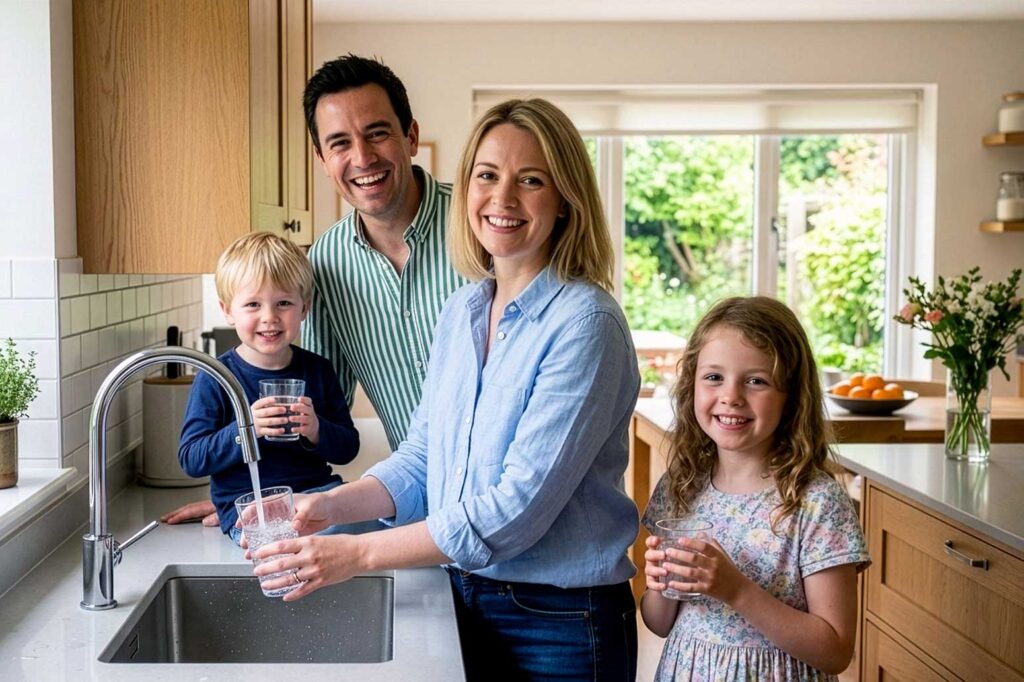 Familie steht am Wasserhahn und füllt Gläser mit Leitungswasser