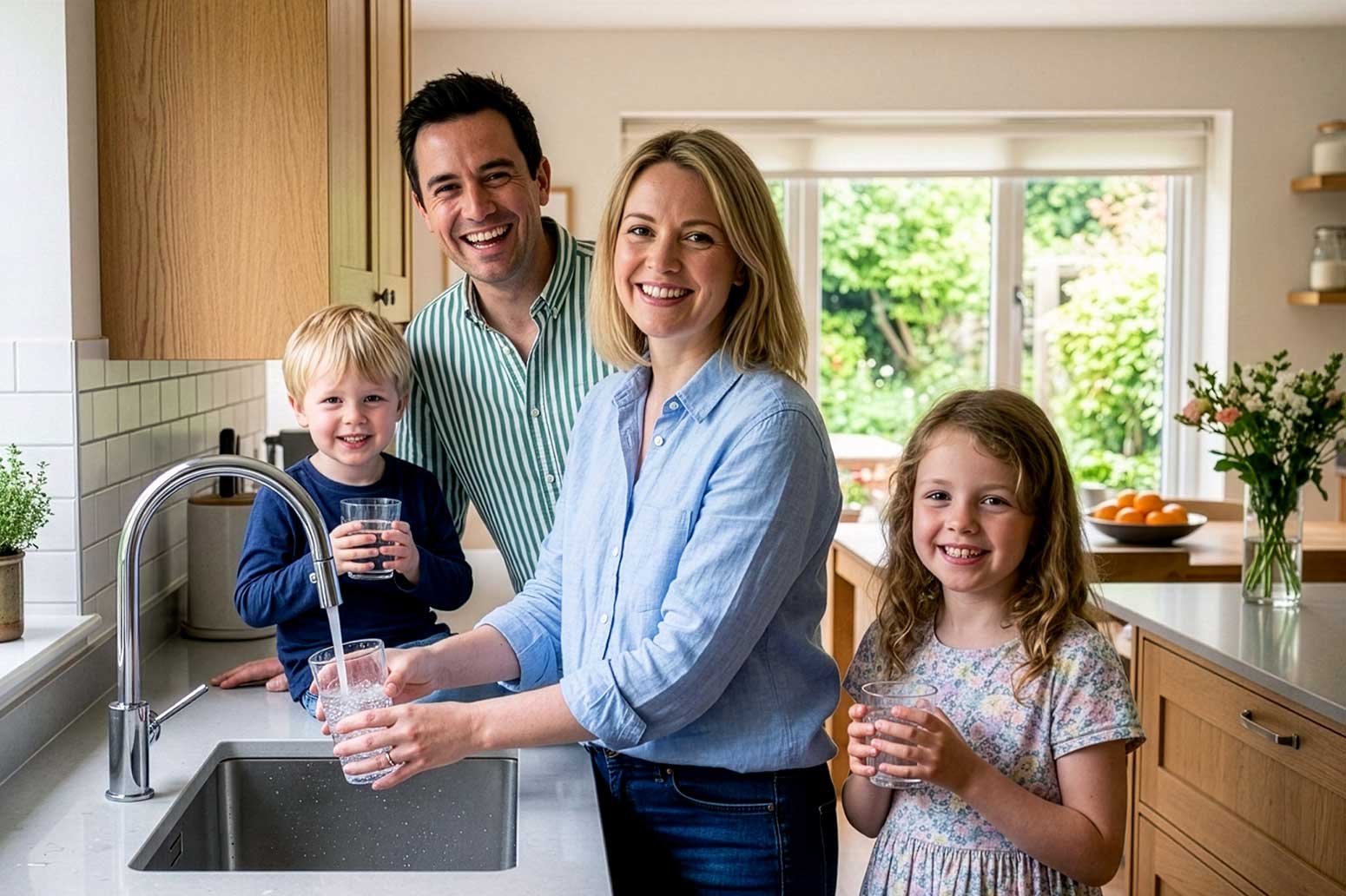 Familie steht am Wasserhahn und füllt Gläser mit Leitungswasser