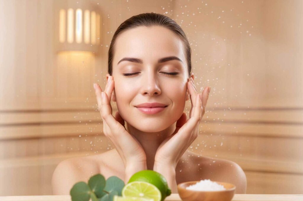 Frau in Sauna massiert sich die Schläfen. Vor ihr liegen Limetten.