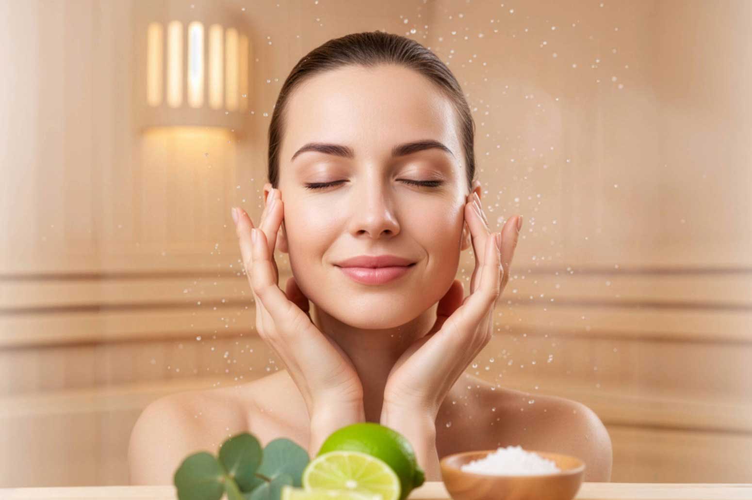 Frau in Sauna massiert sich die Schläfen. Vor ihr liegen Limetten.