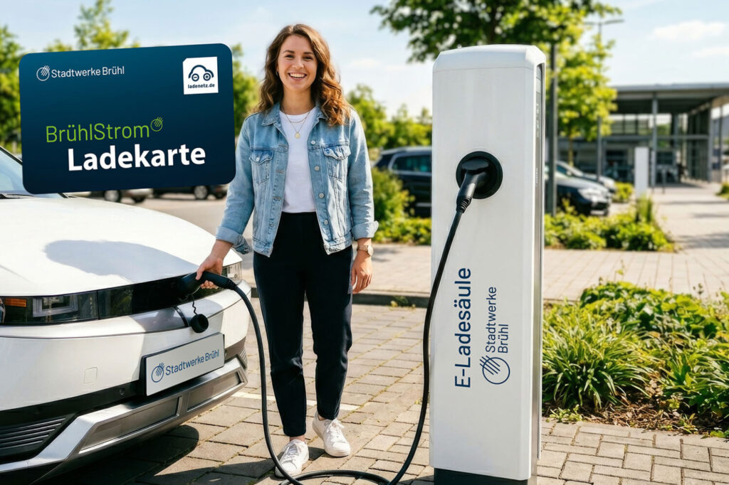 Frau steht an Ladesäule und tankt E-Auto