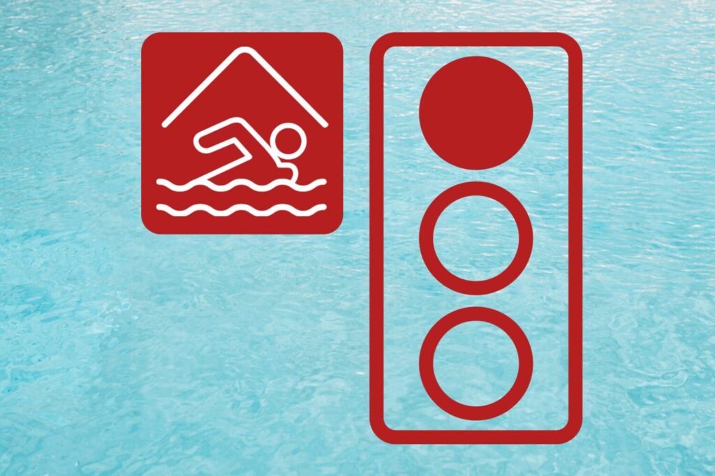 Rote Ampel und rotes Sportbad Symbol zeigt an das nur Schul- und Vereinssport am heutigen Tag stattfindet und das Freibad geschlossen bleibt, da z.B. eine extrem Schlechtwetterlage (Gewitter) zu erwarten ist