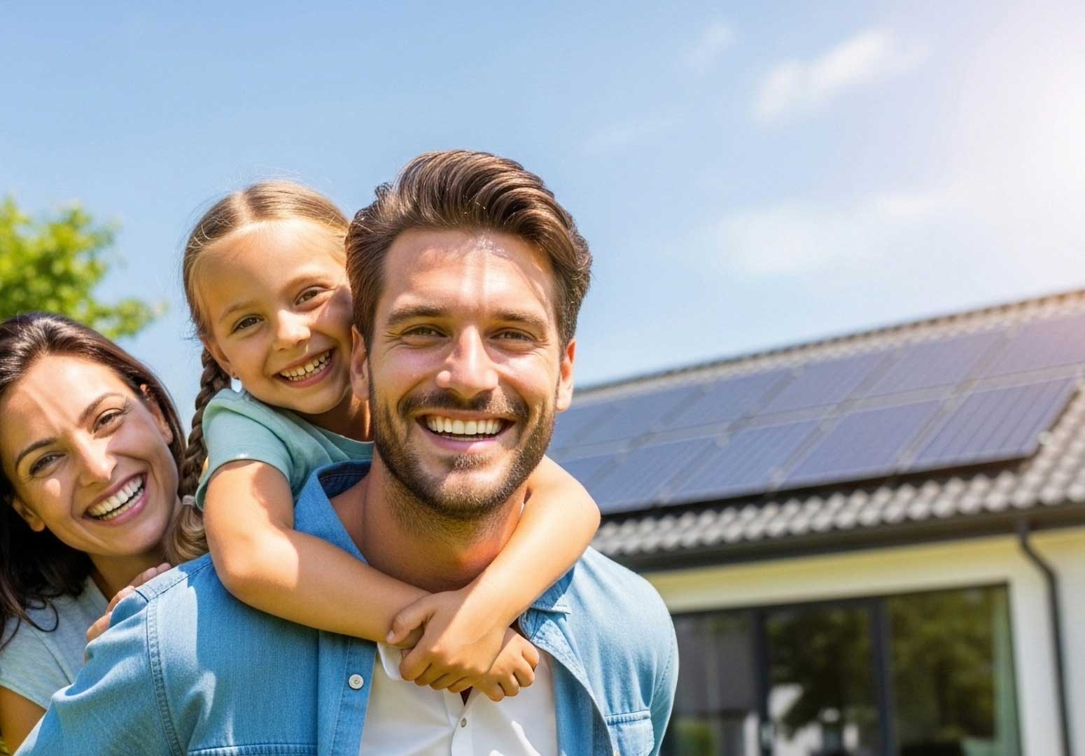 Familie im Garten, im Hintergrund Dacxh mit Solaranlage