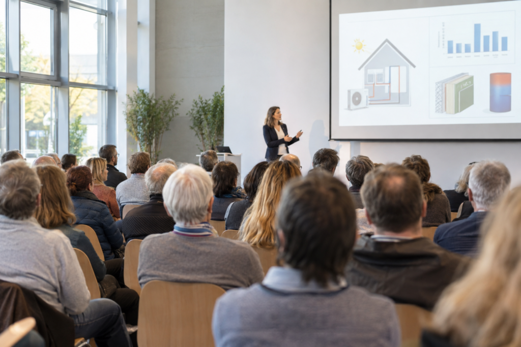 Informationsveranstaltung zur energetischen Gebäudemodernisierung in einer Veranstaltungshalle: Bürgerinnen und Bürger verfolgen aufmerksam einen Vortrag einer Energieberaterin oder eines Energieberaters.