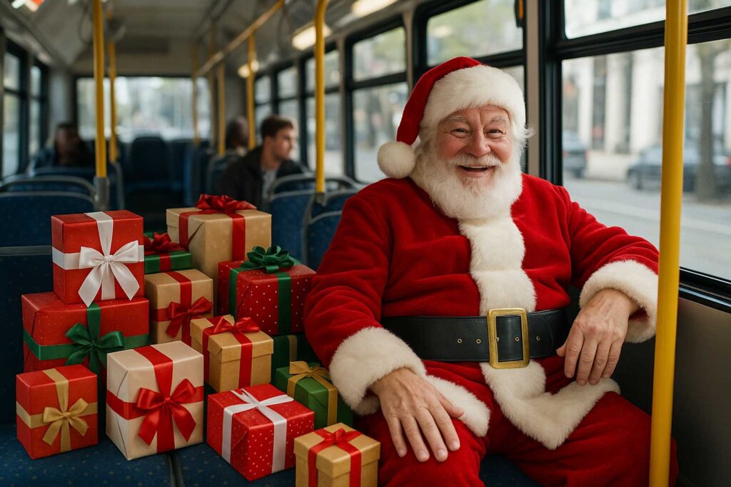 Santa Clause im Linienbus mit vielen Geschenken