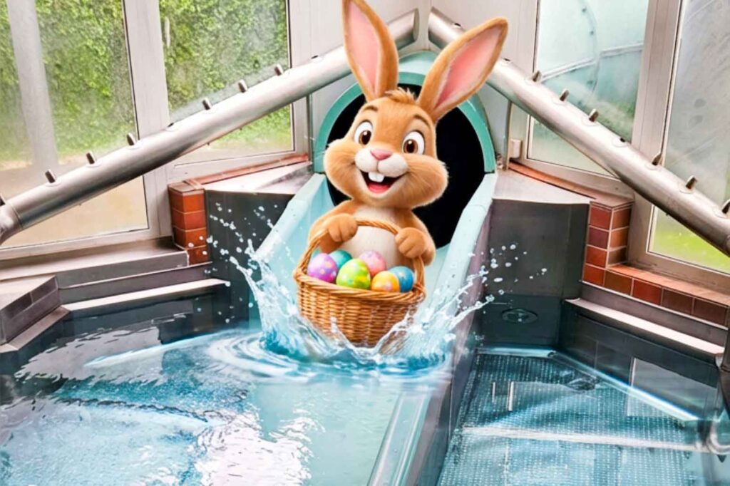 Osterhase kommt rutsche mit einem Korb Ostereiern hinunter