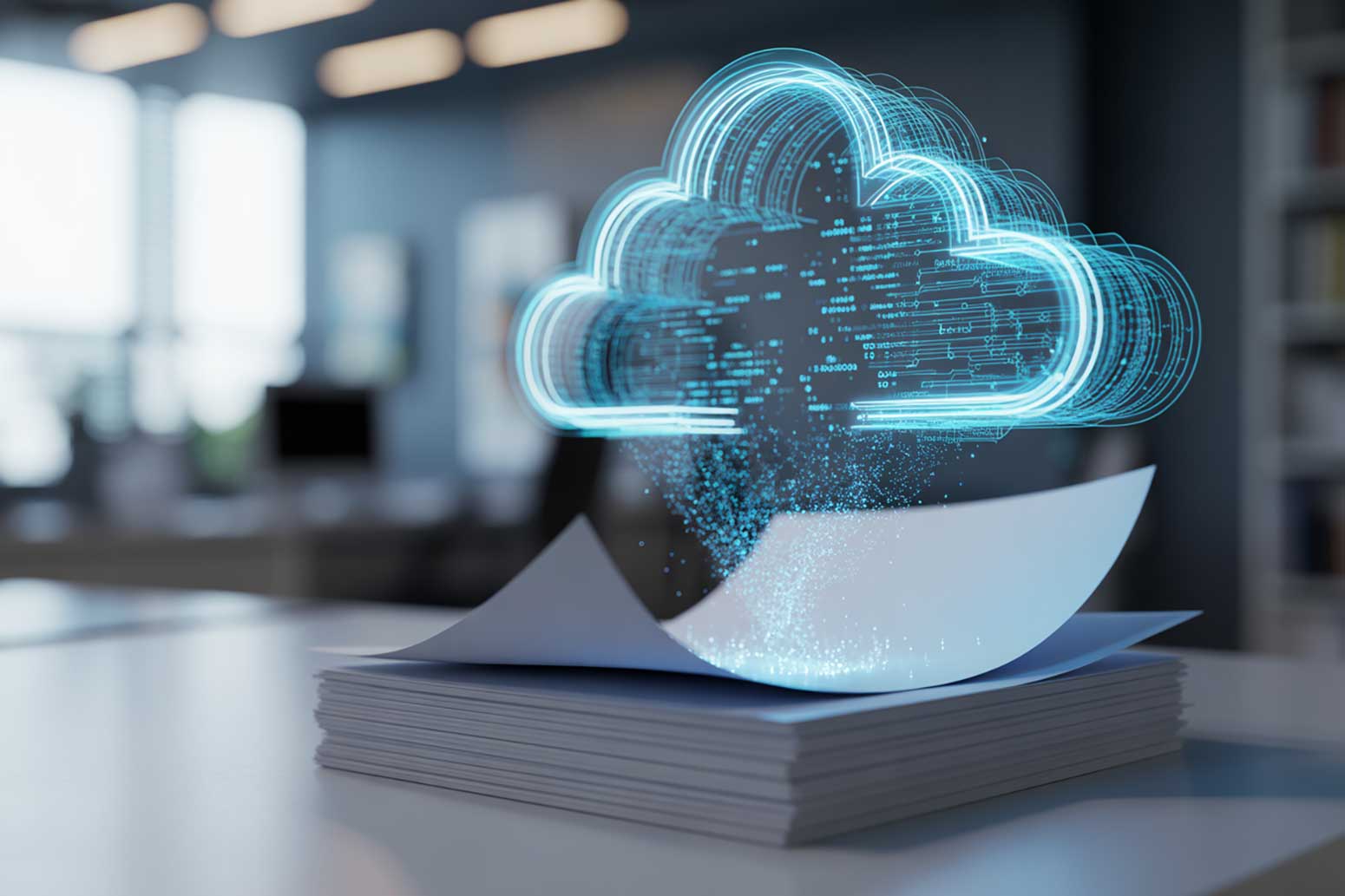 leuchtende Wolke die über einem Stapel Papier schwebt