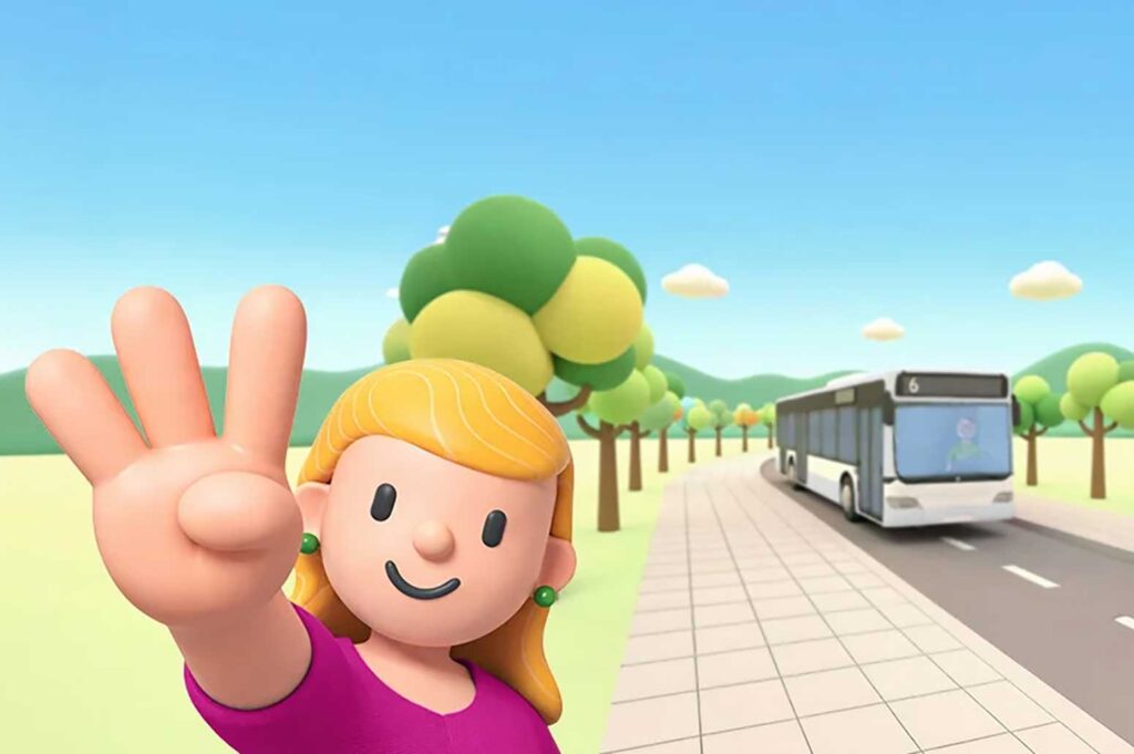 Comic: Frau zeigt 3 Finger im Hintergrund fährt Bus