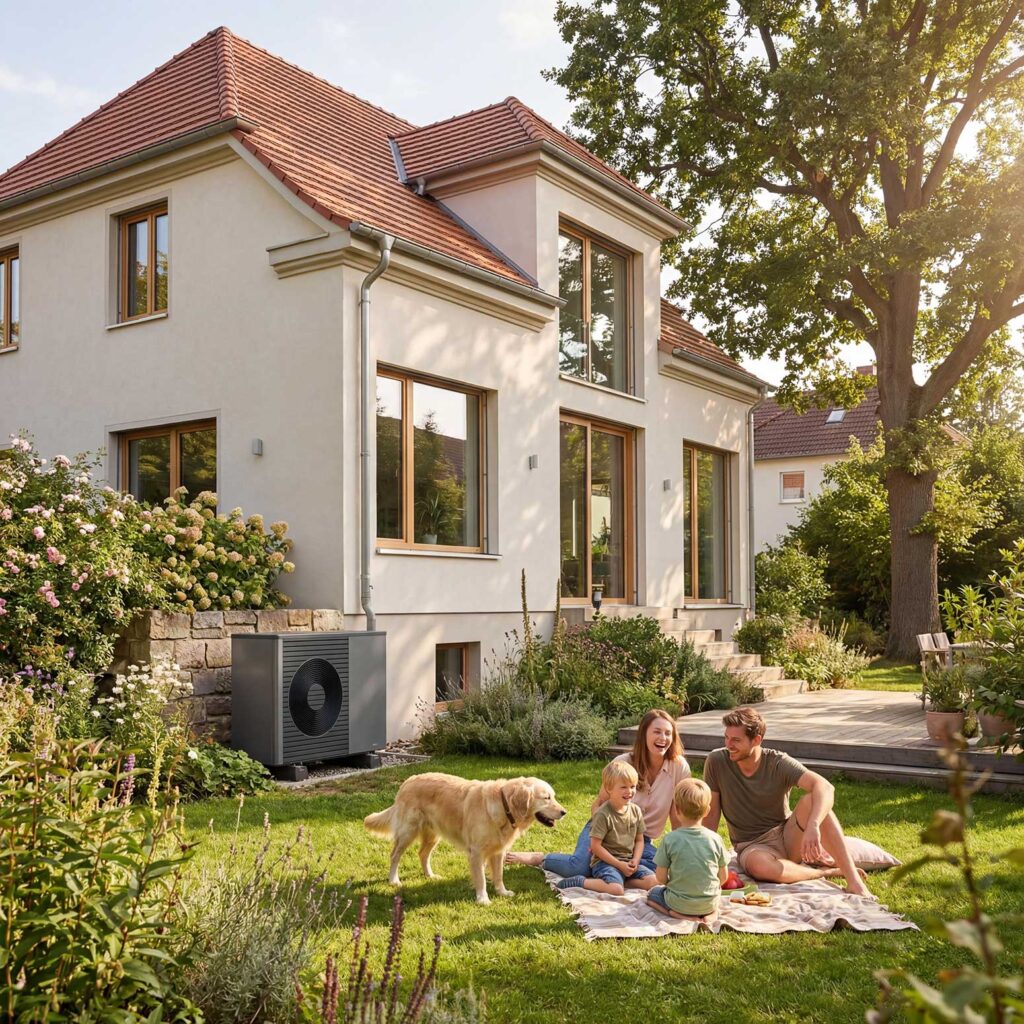 Familie mit Hund auf Picknickdecke vor Eigenheim mit Wärmepumpe