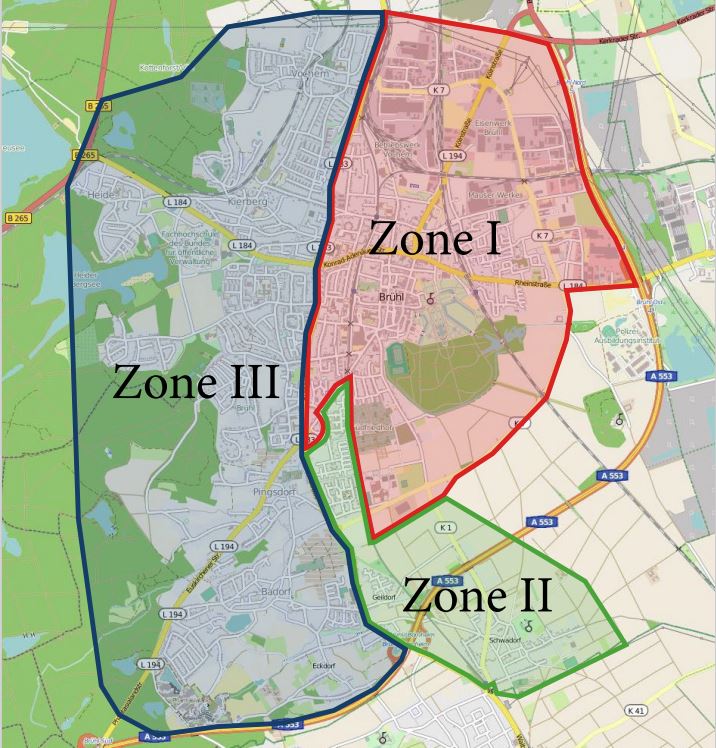 Karte mit den 3 eingezeichneten Wasserdruckzonen im Westen Nord-Osten und Süd-Osten