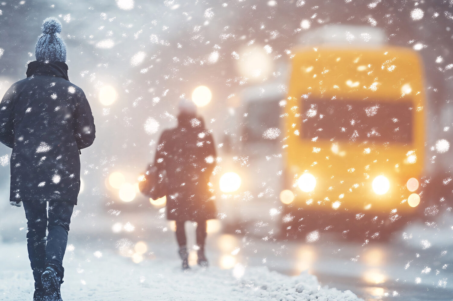 Frau läuft im Schnee zur Bushaltestelle
